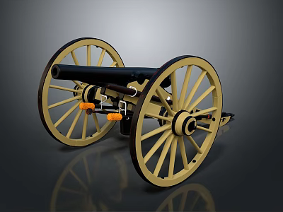 Ancient Weapon Old Cannon With Large Yellow Spoked Wheels And Black Barrel 3d model