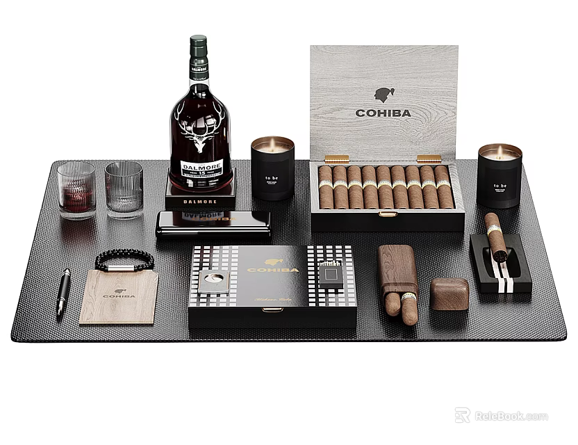 Elegant Lifestyle Essentials With Whiskey Cigars Glasses Notebook Pen And Tray 3d model 