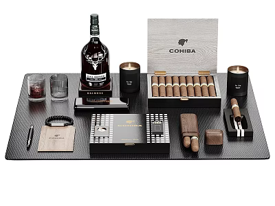 Elegant Lifestyle Essentials With Whiskey Cigars Glasses Notebook Pen And Tray 3d model
