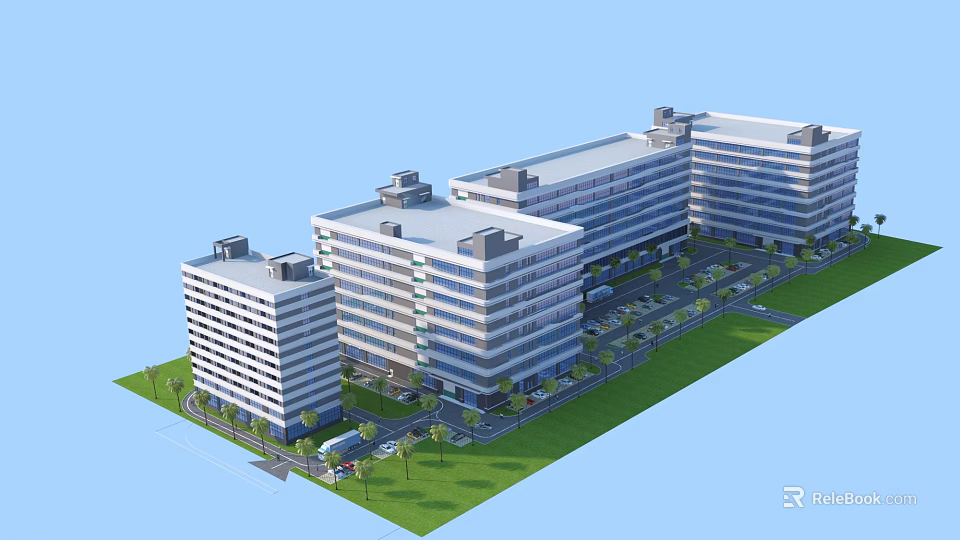 Modern Multistory Industrial Factory Building With Green Landscaping Parking Lot And Road Access 3d model 