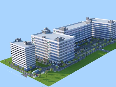 Modern Multistory Industrial Factory Building With Green Landscaping Parking Lot And Road Access 3d model