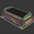 Cartoon Scene Of Two Story Building With Dark Roof And Storefront Windows
