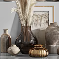 Elegant Decorative Ornament Set With Ceramic Vases Dried Plants Framed Artwork And Candle