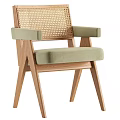 Modern Wooden Dining Chair With Rattan Backrest And Gray Upholstered Seat