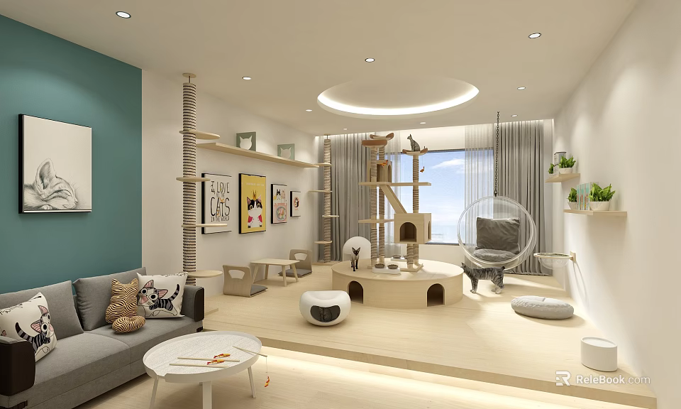 Mall Pet Store Interior With Cat Tree Bed Sofa Decorative Paintings And Plants 3d model