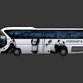 White Modern Coach Bus With Large Windows And Body Graphics On Reflective Surface 3d model