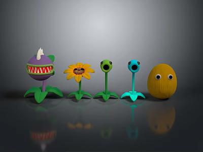 Five Colorful Cartoon Plant Characters With Smiling Faces And Green Leaves 3d model