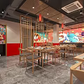 Modern Asian Restaurant Dining Area With Wooden Tables Chairs And Decorative Panels