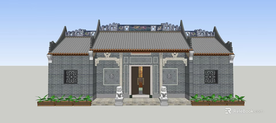 Classical Ancient Architecture With Gray Brick Walls Eave Roof Stone Lions And Green Plants 3d model 
