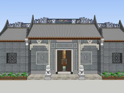Classical Ancient Architecture With Gray Brick Walls Eave Roof Stone Lions And Green Plants 3d model