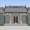 Classical Ancient Architecture With Gray Brick Walls Eave Roof Stone Lions And Green Plants