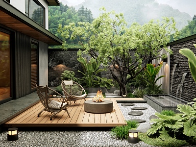 Villa Courtyard Garden Water View Wall Waterscape Plants Landscape Tree Banyan Tree Outdoor Chair model