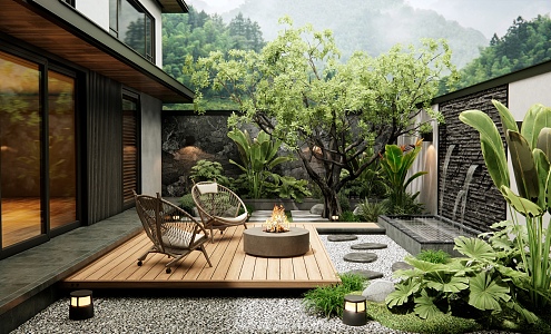 Villa Courtyard Garden Water View Wall Waterscape Plants Landscape Tree Banyan Tree Outdoor Chair 3d model