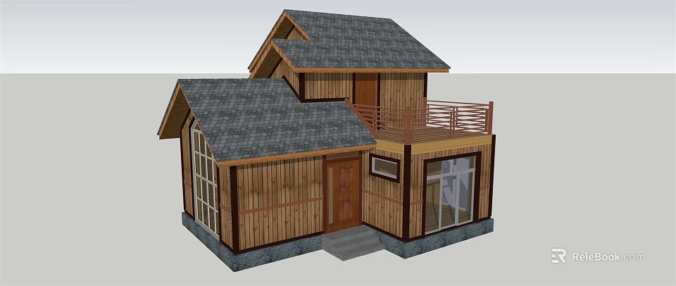 Wooden Cottage Building with Gray Roof Balcony and Large Windows 3d model 