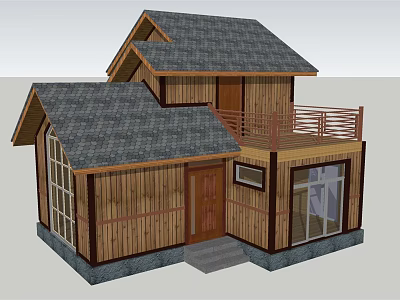 Wooden Cottage Building with Gray Roof Balcony and Large Windows 3d model