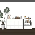 Minimalist White Console And Side Cabinet With Arched Panels Green Plant Coffee Machine Cups Jars