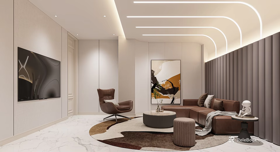 Modern Elegant Living Room With Brown Leather Sectional Sofa Wall Art And Soft Linear Lighting 3d model 
