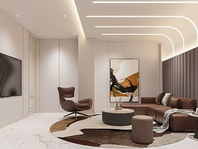 Modern Elegant Living Room With Brown Leather Sectional Sofa Wall Art And Soft Linear Lighting 3d model