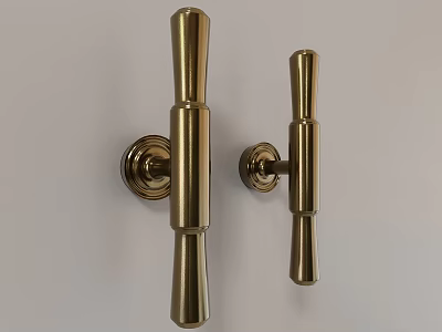 Two Sleek Modern Brass Cylindrical Handles Mounted on White Background 3d model