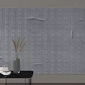 Light Gray Square Carpet with Checkerboard Pattern Near Black Table Gray Vase Dried Grass