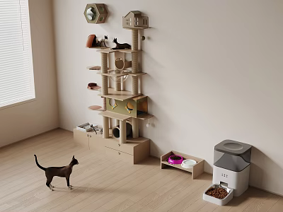 Cozy Indoor Cat Play Space With Tall Tree Shelves Bowls And Automatic Feeder 3d model