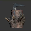 Natural Wooden Tree Stump With Axe Embedded In Rough Texture Surface