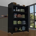 Modern Black Sideboard with Open Shelves Holding Ceramic Bowls and Jars in Kitchen