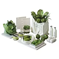 Fresh Green Vegetables Cabbage Artichoke with Green Paste White Trays and Bottles in Canvas Bag