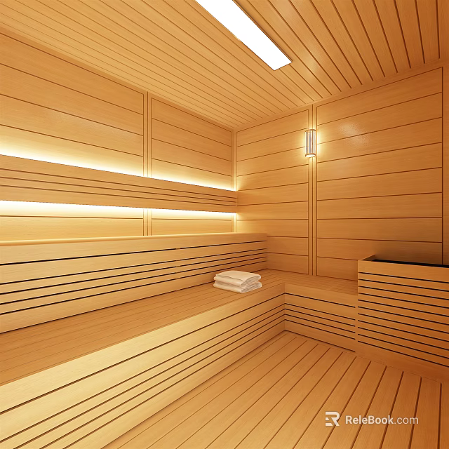 Modern Wooden Sauna Interior Design With Cozy Benches And Ambient Lighting 3d model 