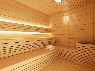 Modern Wooden Sauna Interior Design With Cozy Benches And Ambient Lighting 3d model