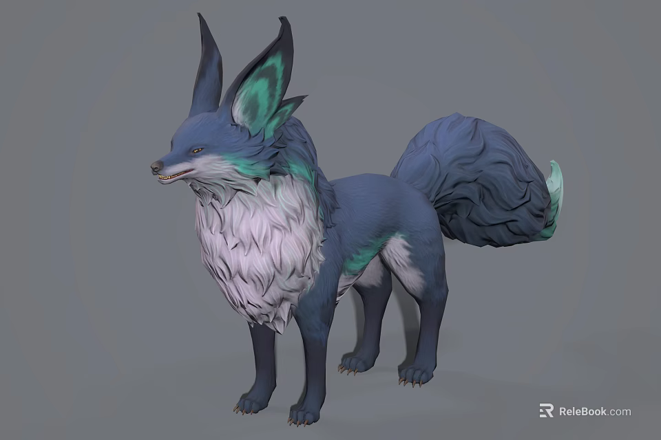 Fantasy Blue Fox Creature Character With Upright Green Ears White Chest And Fluffy Tail 3d model 