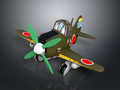 Vintage Style Toy Airplane With Green Propeller Red Marks And Yellow Wings 3d model
