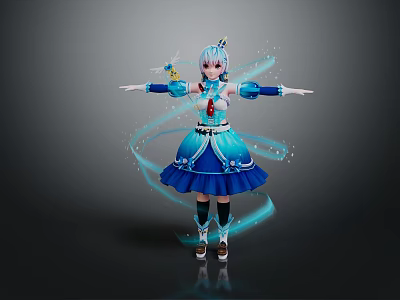 Enchanting Game Movie Character With Blue White Hair Blue Dress And Magical Floating Ribbons 3d model