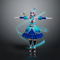 Enchanting Game Movie Character With Blue White Hair Blue Dress And Magical Floating Ribbons