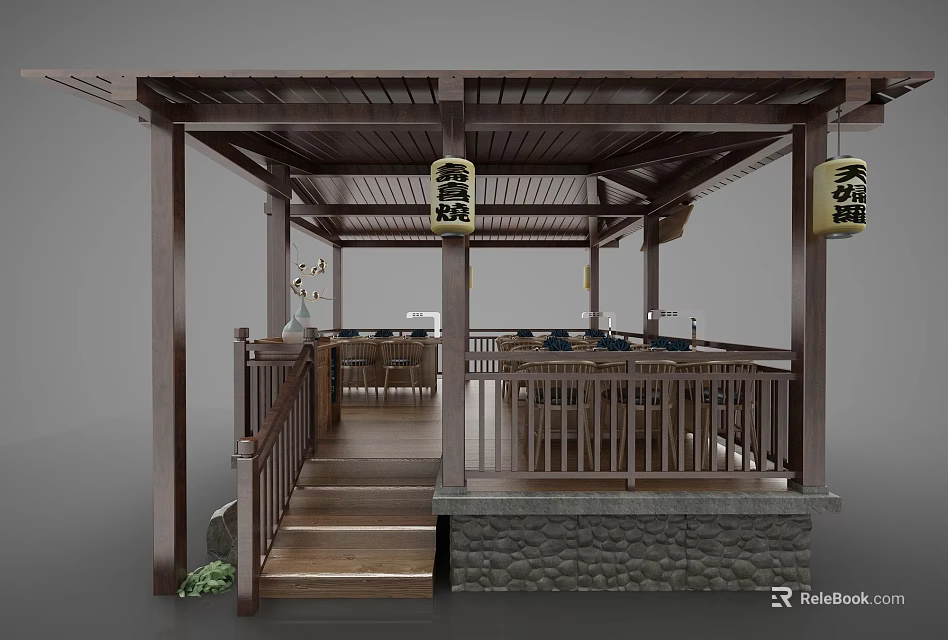 Traditional Teahouse Pavilion Featuring Wooden Structure Lanterns Stone Floor And Seating 3d model 