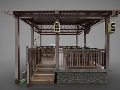 Traditional Teahouse Pavilion Featuring Wooden Structure Lanterns Stone Floor And Seating 3d model