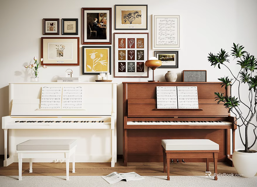 Piano Room Interior With White And Brown Pianos Framed Artworks Stools And Plant 3d model 