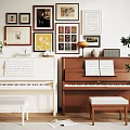 Piano Room Interior With White And Brown Pianos Framed Artworks Stools And Plant