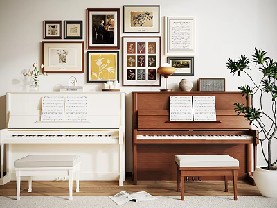 Piano Room Interior With White And Brown Pianos Framed Artworks Stools And Plant 3d model