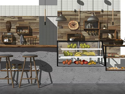 Modern Reception Desk Interior With Wooden Wall Bar Stools And Display Shelves 3d model