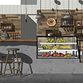 Modern Reception Desk Interior With Wooden Wall Bar Stools And Display Shelves