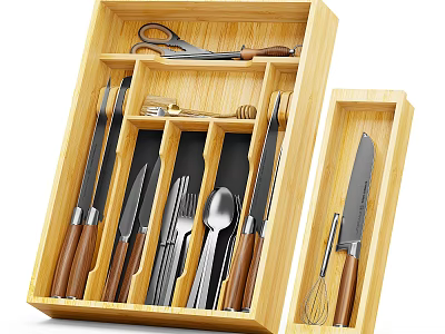 Wooden Kitchen Utensil Organizer with Knives Spoons Forks Whisk and Scissors 3d model