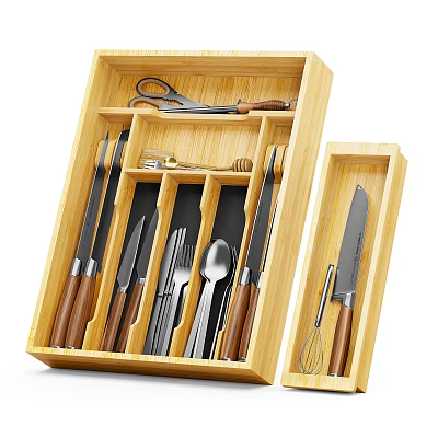 Wooden Kitchen Utensil Organizer with Knives Spoons Forks Whisk and Scissors 3d model