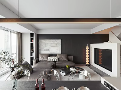 Modern Living Dining Room Interior With Sofa Dining Table Pendant Light And Fireplace 3d model