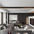 Modern Living Dining Room Interior With Sofa Dining Table Pendant Light And Fireplace 3d model