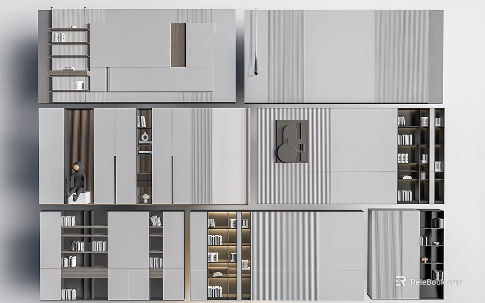 Modern Bookcase Interior Design With Open Storage Shelves And Closed Cabinets 3d model