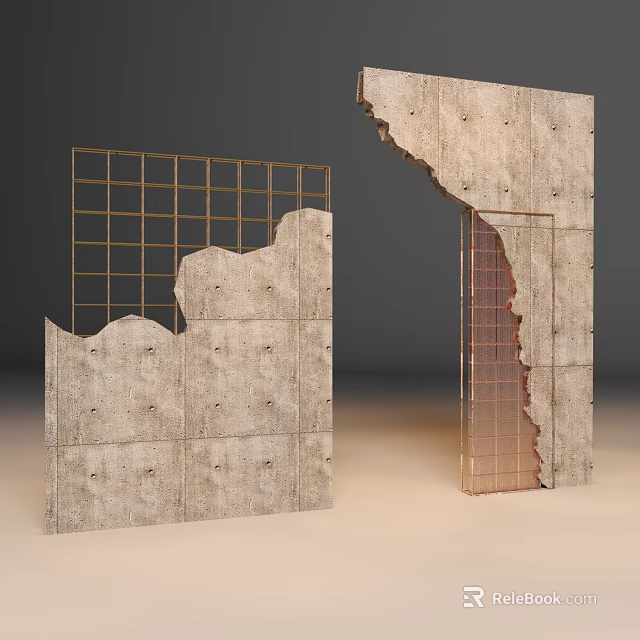 Architectural Concrete Building Exterior Wall with Irregular Damaged Sections Grid Framework and Rough Texture 3d model 