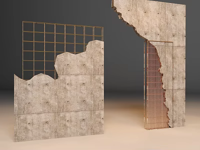 Architectural Concrete Building Exterior Wall with Irregular Damaged Sections Grid Framework and Rough Texture 3d model