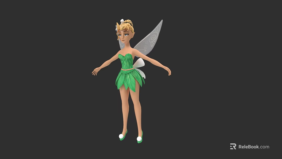 3D Game Movie Fairy Character With Blonde Hair Green Dress Transparent Wings And White Shoes 3d model 