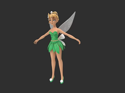3D Game Movie Fairy Character With Blonde Hair Green Dress Transparent Wings And White Shoes 3d model